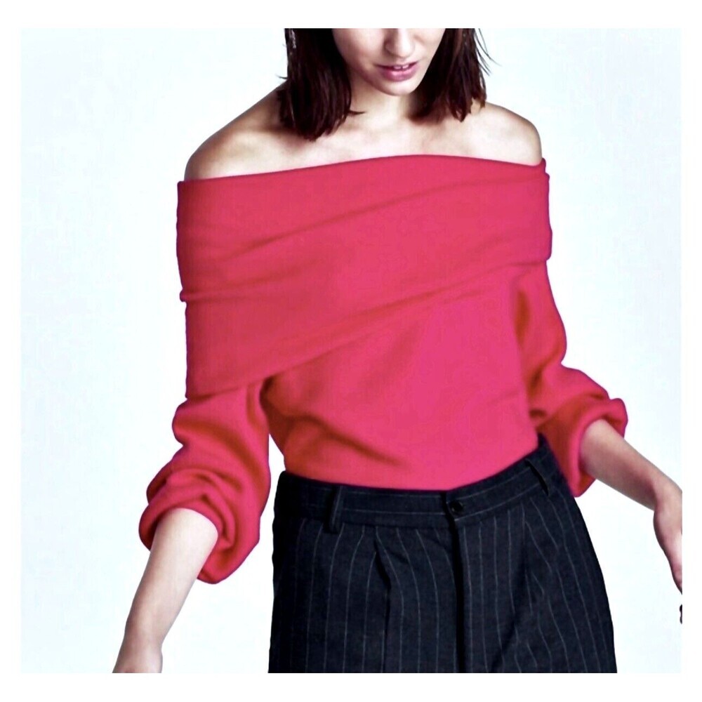 Zara Ribbed Knit Cropped Sweater Bandeau Cowl Neck Pink Womens S Balloon Sleeve